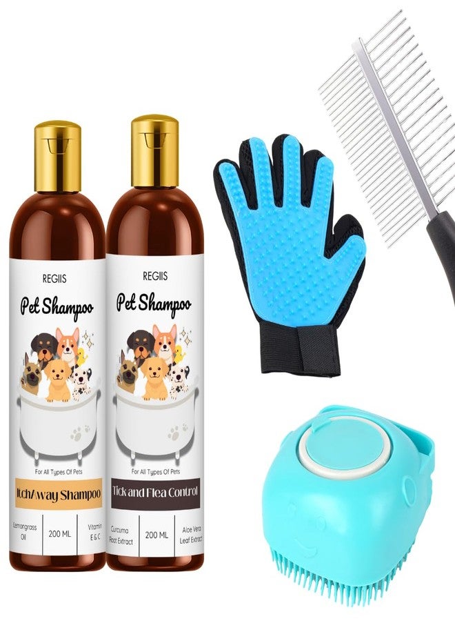 مجموعة العناية بالحيوانات الأليفة مع شامبو للكلاب، ومبيد للقراد والبراغيث، وقفاز لإزالة الشعر الزائد، وفرشاة، وزجاجات سعة 200 مل، وأدوات عناية زرقاء (عبوة من 5 قطع) - Image 1